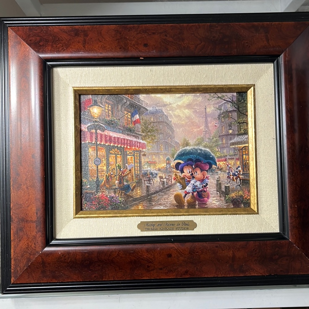 thomas kinkade mickey and minnie in paris framed canvas print